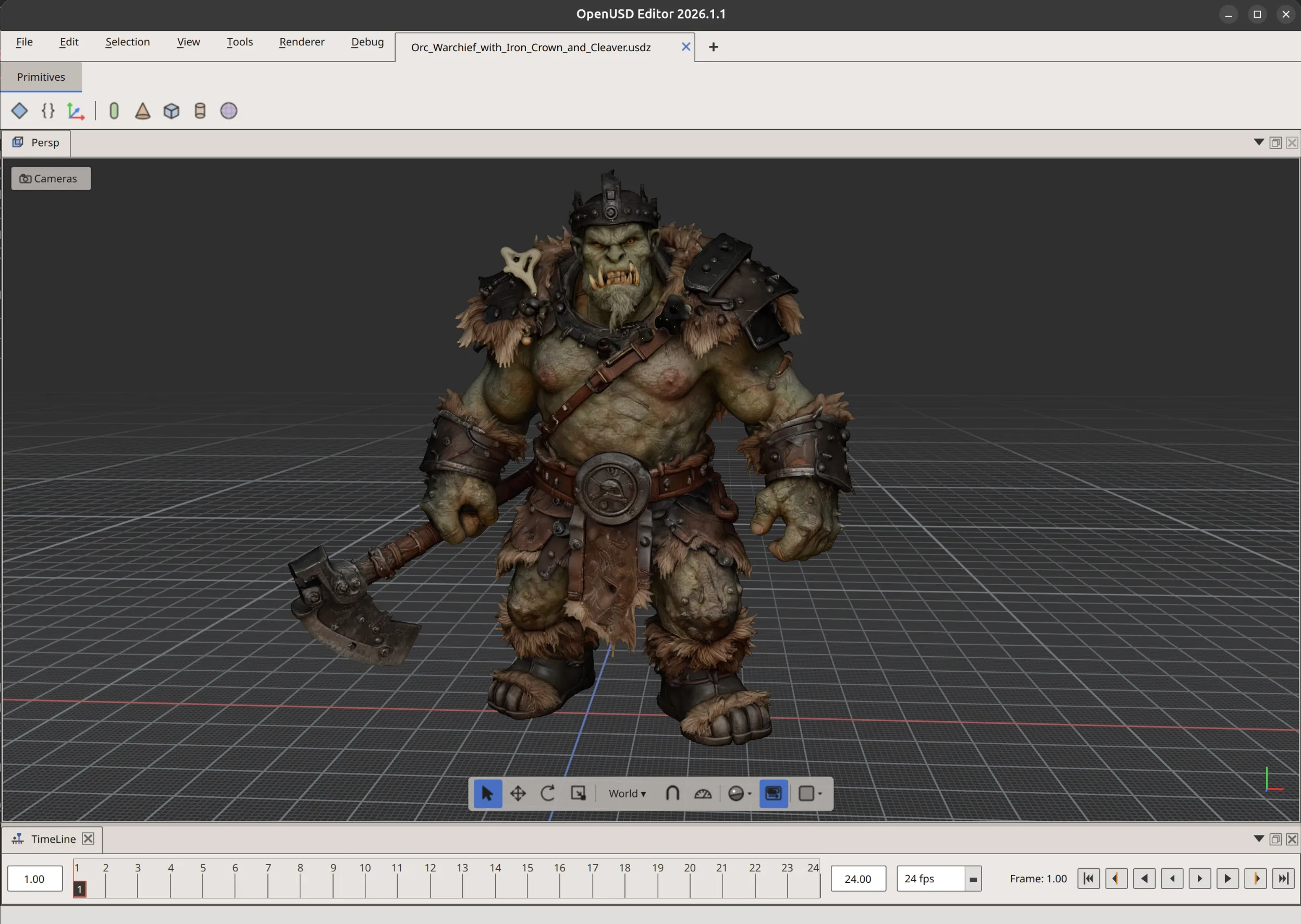 The editor in its Light theme, showing an orc warrior model in the viewport with the timeline below