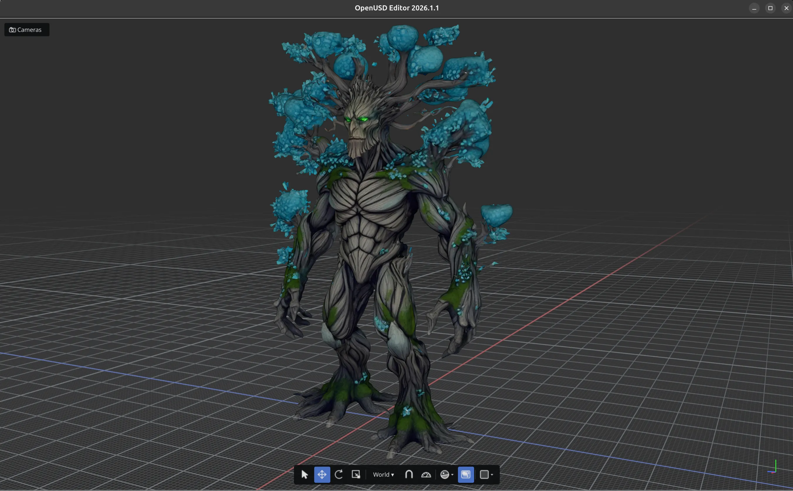 The Ancient Tree Giant, a forest guardian with glowing blue-green foliage, in the OpenUsdEditor viewport