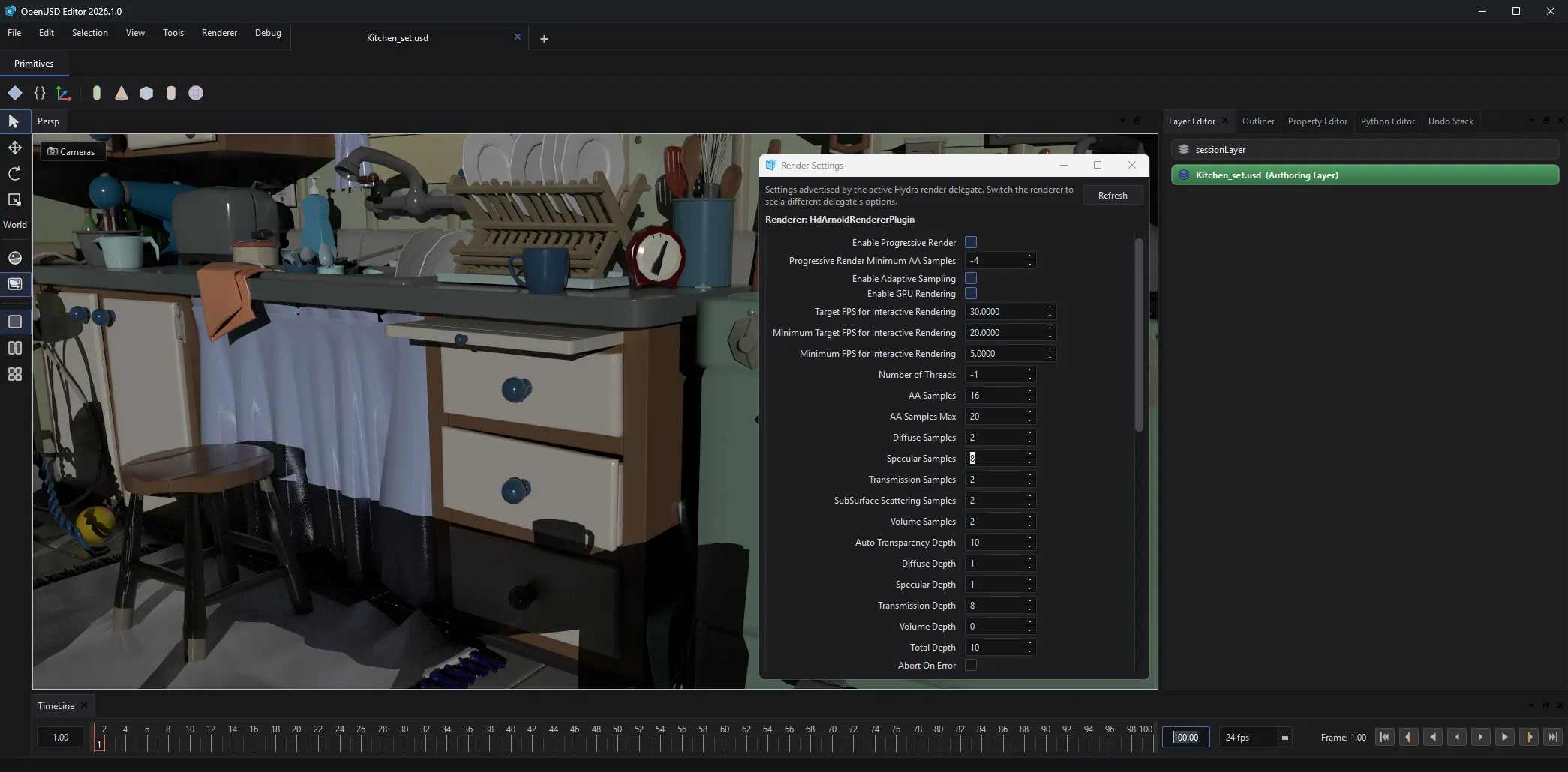 Kitchen_set.usd rendered with the Arnold render delegate directly in the viewport