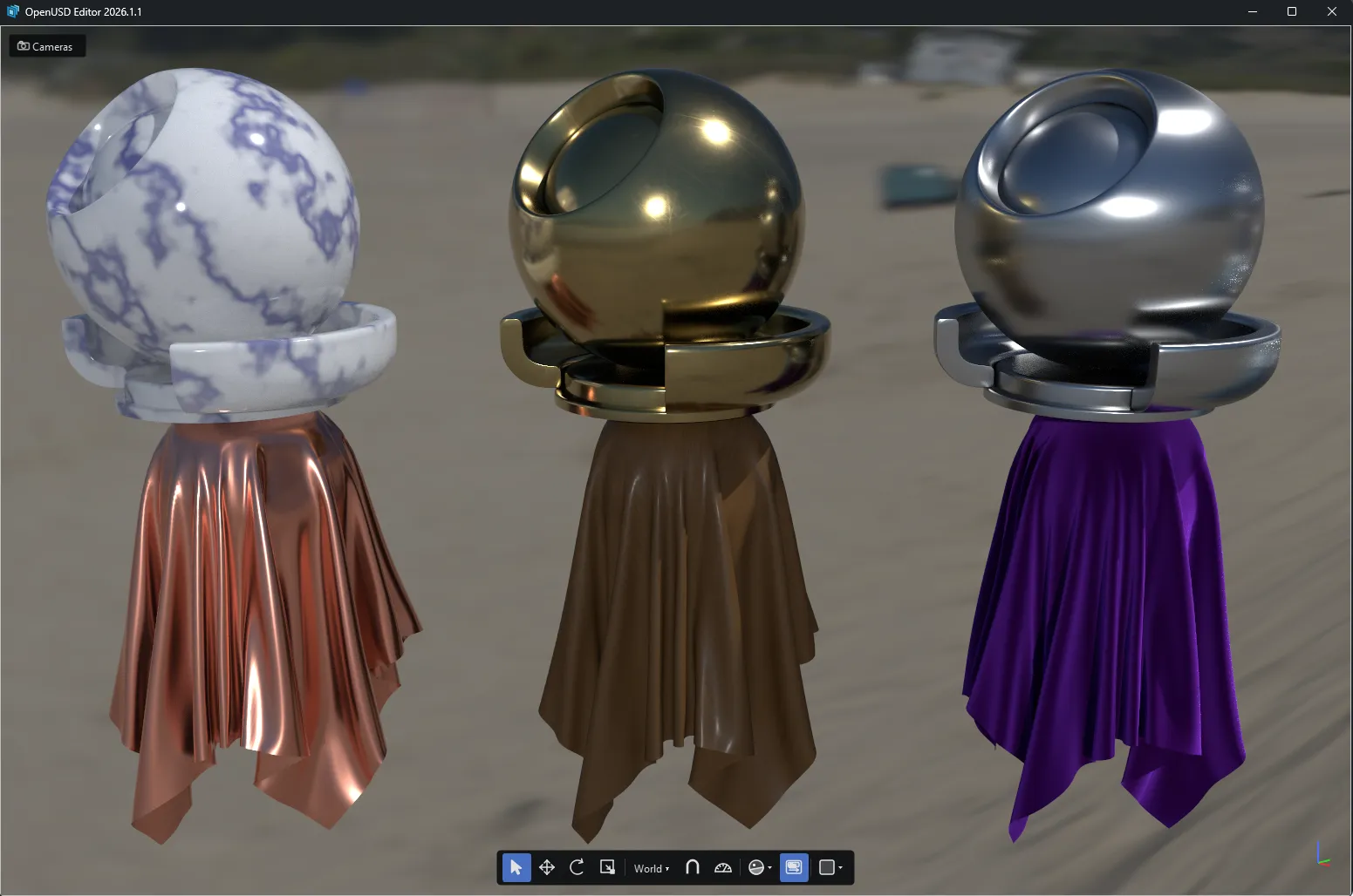 Three shader-ball models in the viewport showing MaterialX marble, gold, chrome, copper, leather, and velvet materials under an HDRI environment